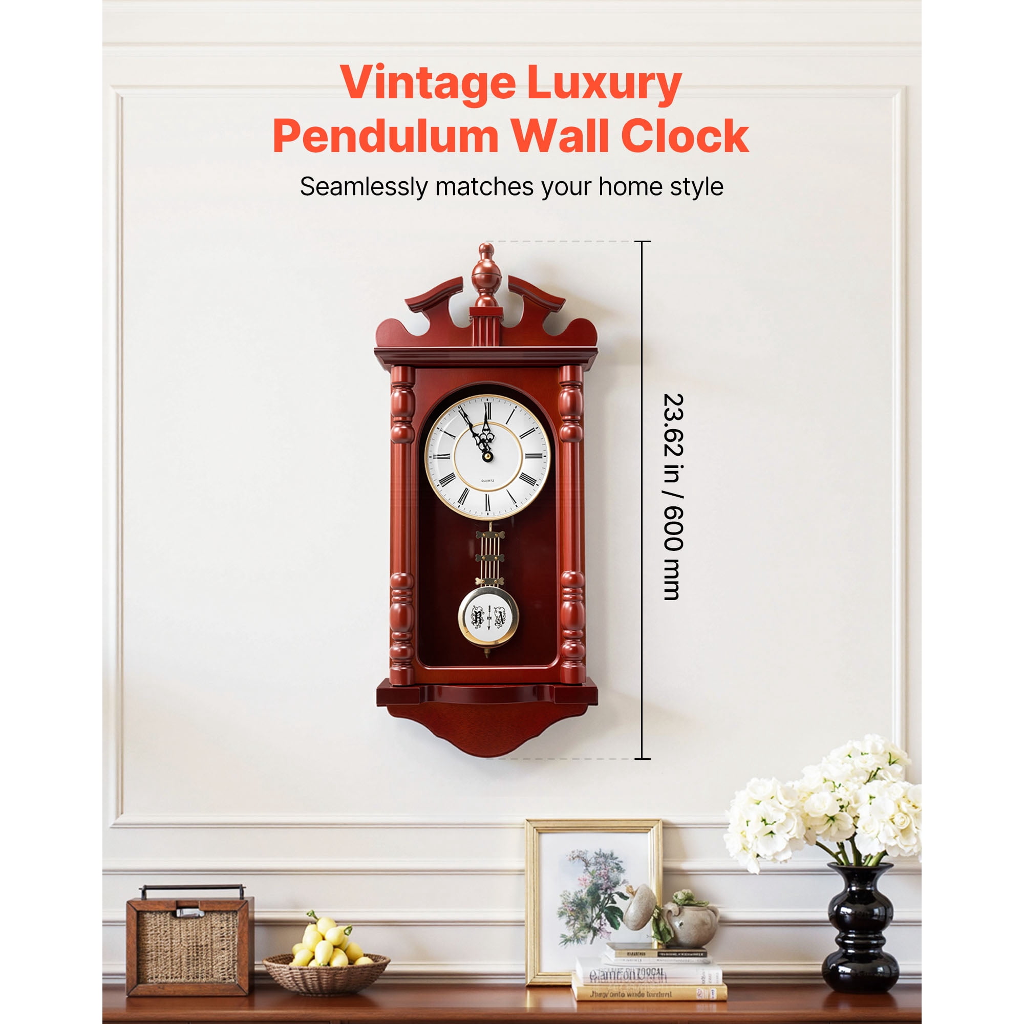 KFFKFF Classic Grandfather Clock, 23.2 in Vintage Pendulum Wall Clock, Pine Wood & MDF Construction with Quartz Mechanism and Silent Operation, Ideal for Living Room, Bedroom, Home Decoration & Gift