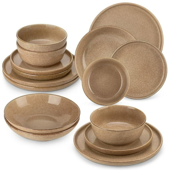 16-Piece Tan Caramel Stoneware Dinnerware Set Service for 4 Dishware Set Bowls and Plates Dinner Set for Kitchen Dining