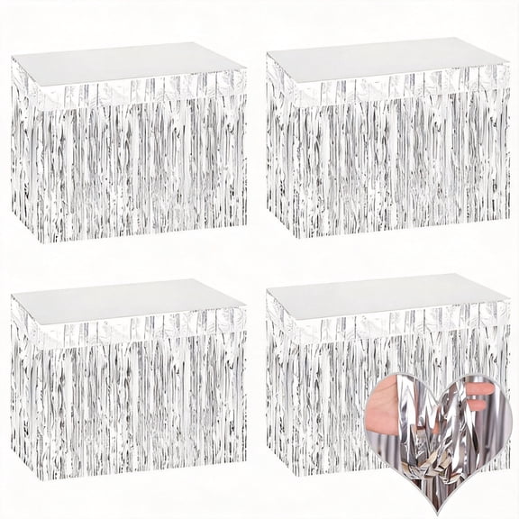 Foil Fringe Table Skirts Tinsel Rectangle Table Cloth for Party Decorations Backdrop 4 Pack 29.5x108 Inch Silver