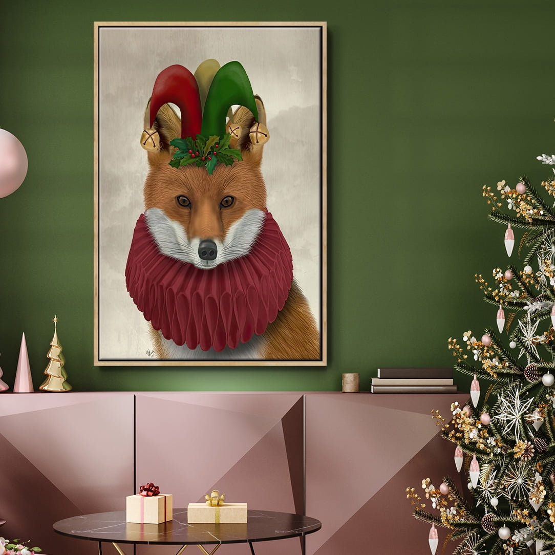Christmas Foxy Christmas Fool - Framed Gallery Wrapped Holiday Canvas - 27 x 41 - Natural Wood Frame