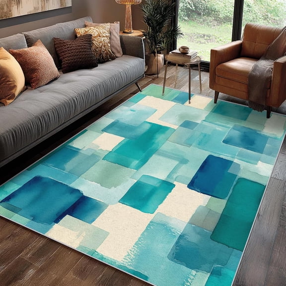 Blue Aqua Watercolor Block Area Rugs, Teal Modern Carpet, Washable Non Slip Low Pile Soft Rug for Living Room Bedroom Home Decor Mat 2x3ft