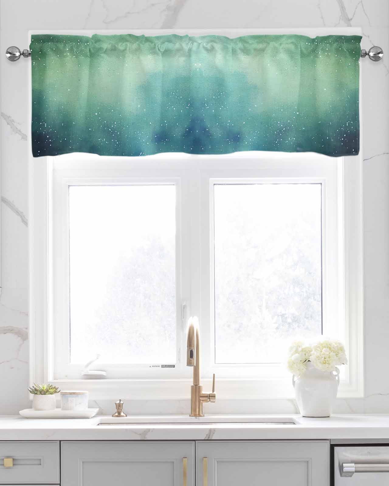 Teal Green Starry Night Kitchen Valances for Windows Farmhouse Linen Window Valance Curtain for Living Room Window Treatment Modern Vintage Scenery Valance Rod Pocket Topper Drape, 42 x 18 Inch