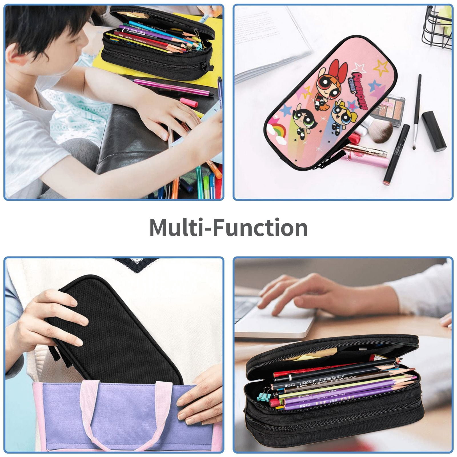 The Powerpuff Gi-rls Pencil Case Large Capacity Pencil Pouch Penbag Office Stationery Organizer Travel Makeup Bag Black