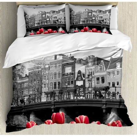 Black And White Duvet Set Black and White Duvet Cover Set, Monochrome Photo of Amsterdam Canal with Red Tulips and Houses, Decorative Bedding Set with Pillow Shams, Black White and Red, by Ambesonne ()