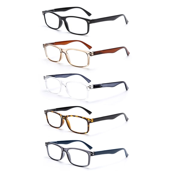 EYE ZOOM 5 Pack Unisex Rectangular Vintage Plastic Frame Reading Glasses for Men and Women, Black, Browm, Clear, Gray, and Tortoise, 3.50