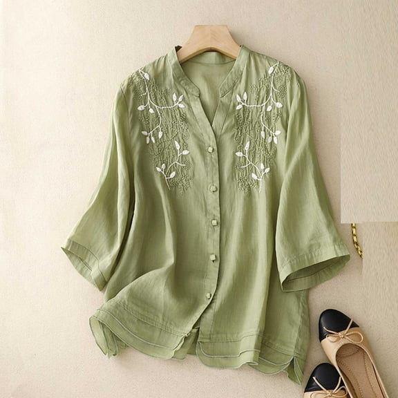 Frostluinai Button Down Shirts for Women Cotton Linen Embroidery Comfy Tops Casual Curved Hem T Shirts Lightweight Tees Loose Fit Blouses