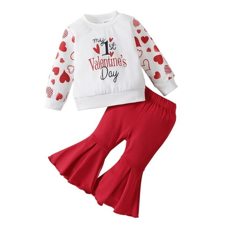 

WUXIAN Toddler Girls Long Sleeve Valentine s Day Letter Printed T-Shirts Pullover Tops Bell Bottoms Pants Outfits Baby Trousers Children Leisure Dailywear