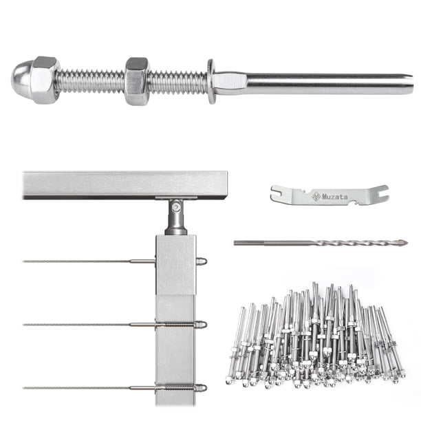 Muzata - Juego de 60 barandillas de cable con tensor de perno roscado para cable de 1/8" para 2 x 2 postes de metal, cubierta de escalera, terminal de hardware de barandilla de cable T316 de acero ino