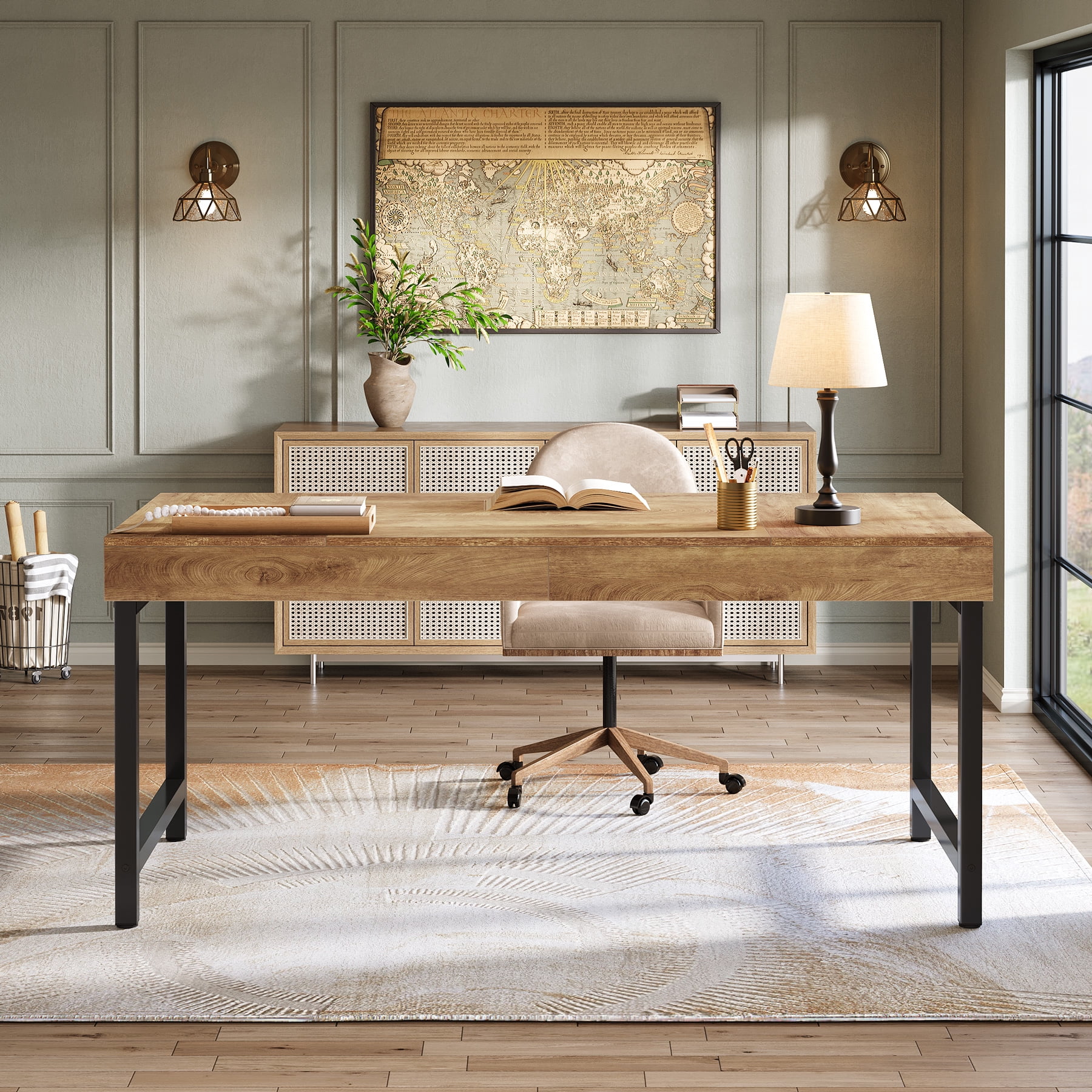 Finmind 55" Rustic Industrial Executive Office Desk, Simple, Strong Metal Framed Writing & Laptop Table, Multi-purpose Home & Business Workstation