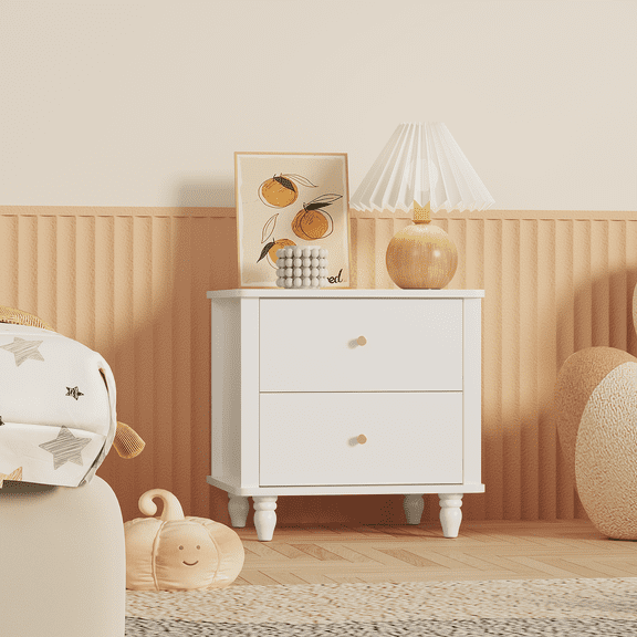 White Modern 2-Drawer Nightstand, MDF Wooden Bedside Table with Round Knobs, End Table for Bedroom, Living Room & Kids Room