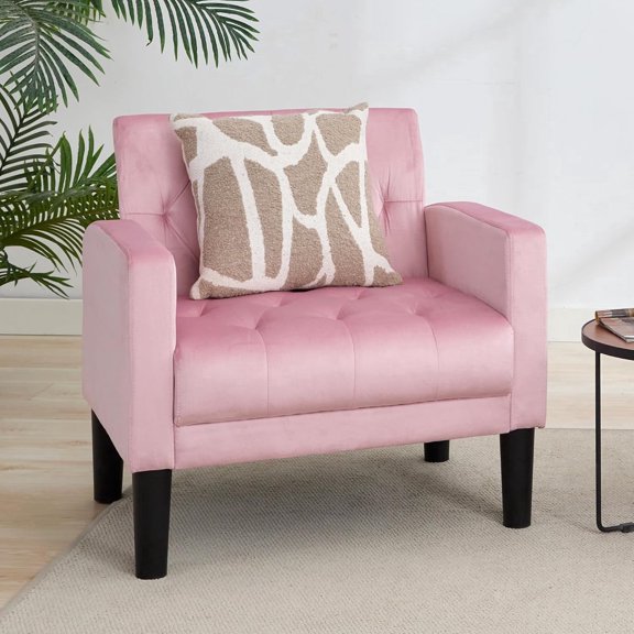 LAZZO Mid-Century Tufted Fabric Accent Chair, Modern Upholstered Armchair for Living Room Bedroom Office, Pink