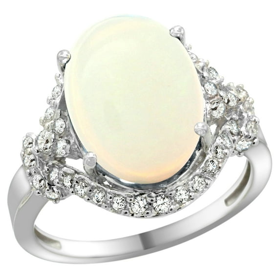 14k White Gold Natural Opal Ring Diamond Halo Oval 14x10mm, 3/4 inch wide, size 5
