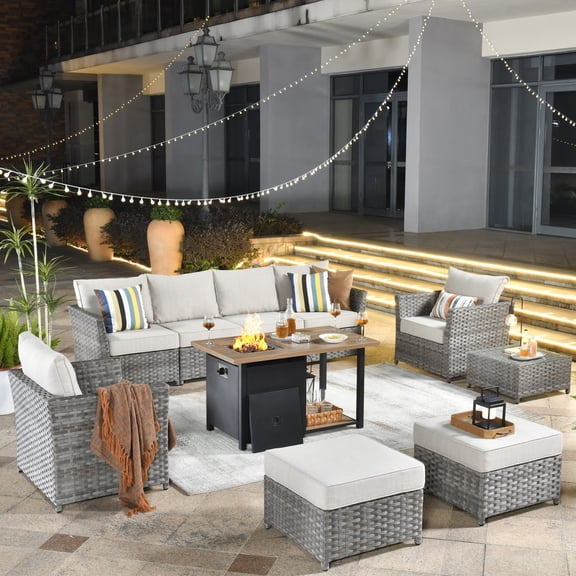Vcatnet 10 Pieces Outdoor Patio Furniture Sectional Sofa All-weather Wicker Conversation Set with Fire Pit Table and Coffee Table for Garden,Backyard,Coarse Beige