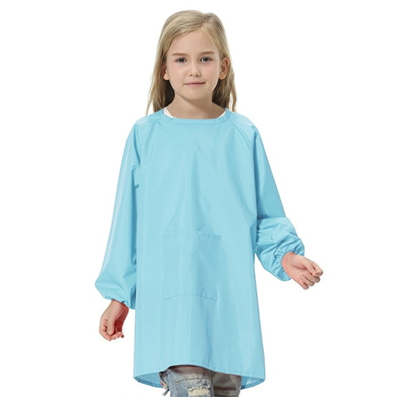 Toptie Kids Art Smock Waterproof Nylon Toddler Artist Painting Aprons with Front Pocket & Long Sleeve for Boys and Girls-Light Blue-M