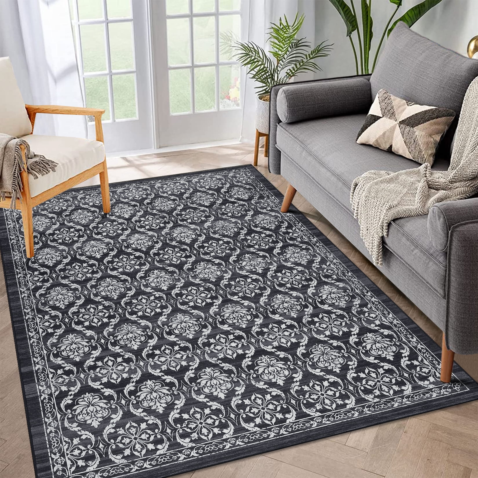 Hasoo 5' x 7' Area Rug for Living Room Modern Floral Thin Carpet Non-Slip Rug Foldable Indoor Rug for Bedroom Kitchen Black/Gray