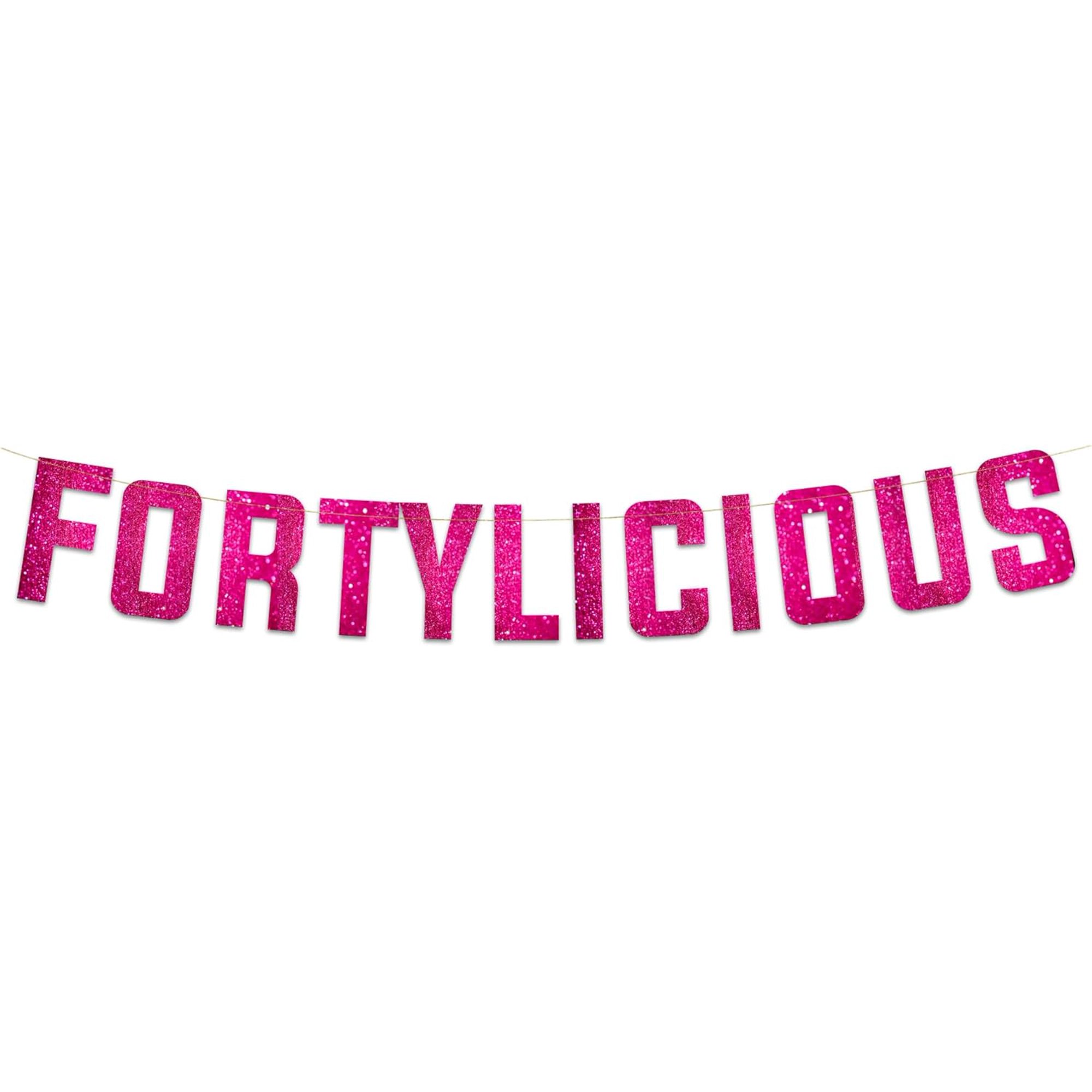 Fortylicious Pink Glitter Banner - Happy 40th Birthday Party Banner - 40th Wedding Anniversary Decorations - Milestone Birthday Party Decorations