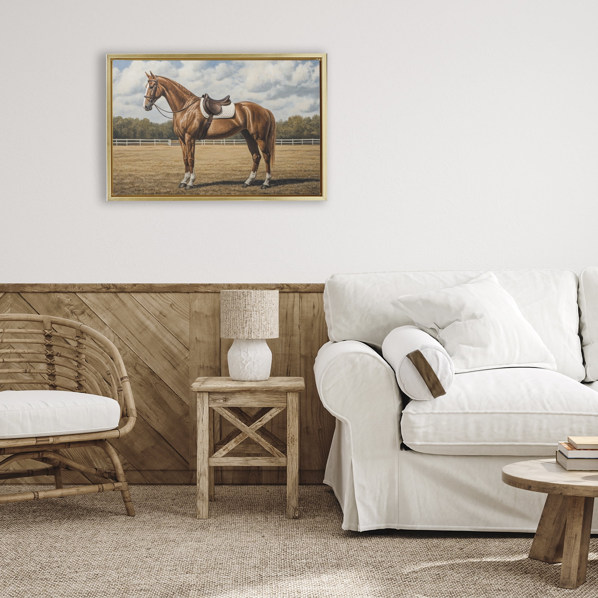 Stupell Industries Saddled Up Chestnut Horse Gold Framed Floater Canvas Wall Art, design by Petal Prints Design