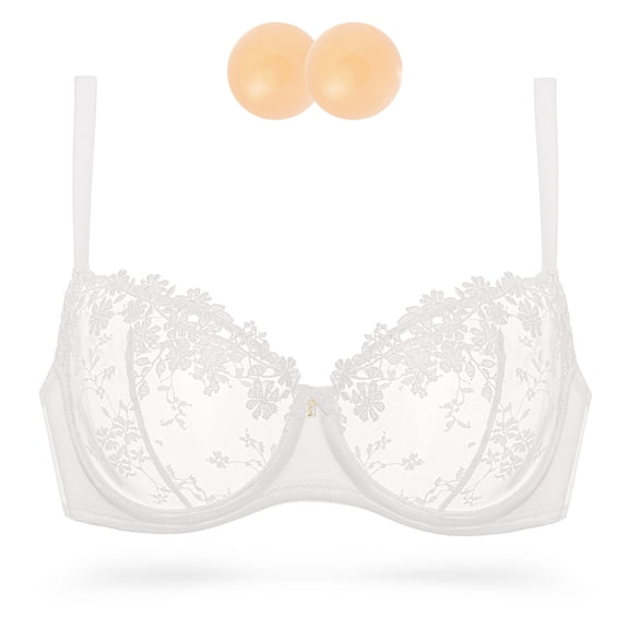 Wingslove Women's Sexy Lace Sheer Bra Demi Mesh Balconette See Through Unlined Underwire with Silicone Nipple,White 36C