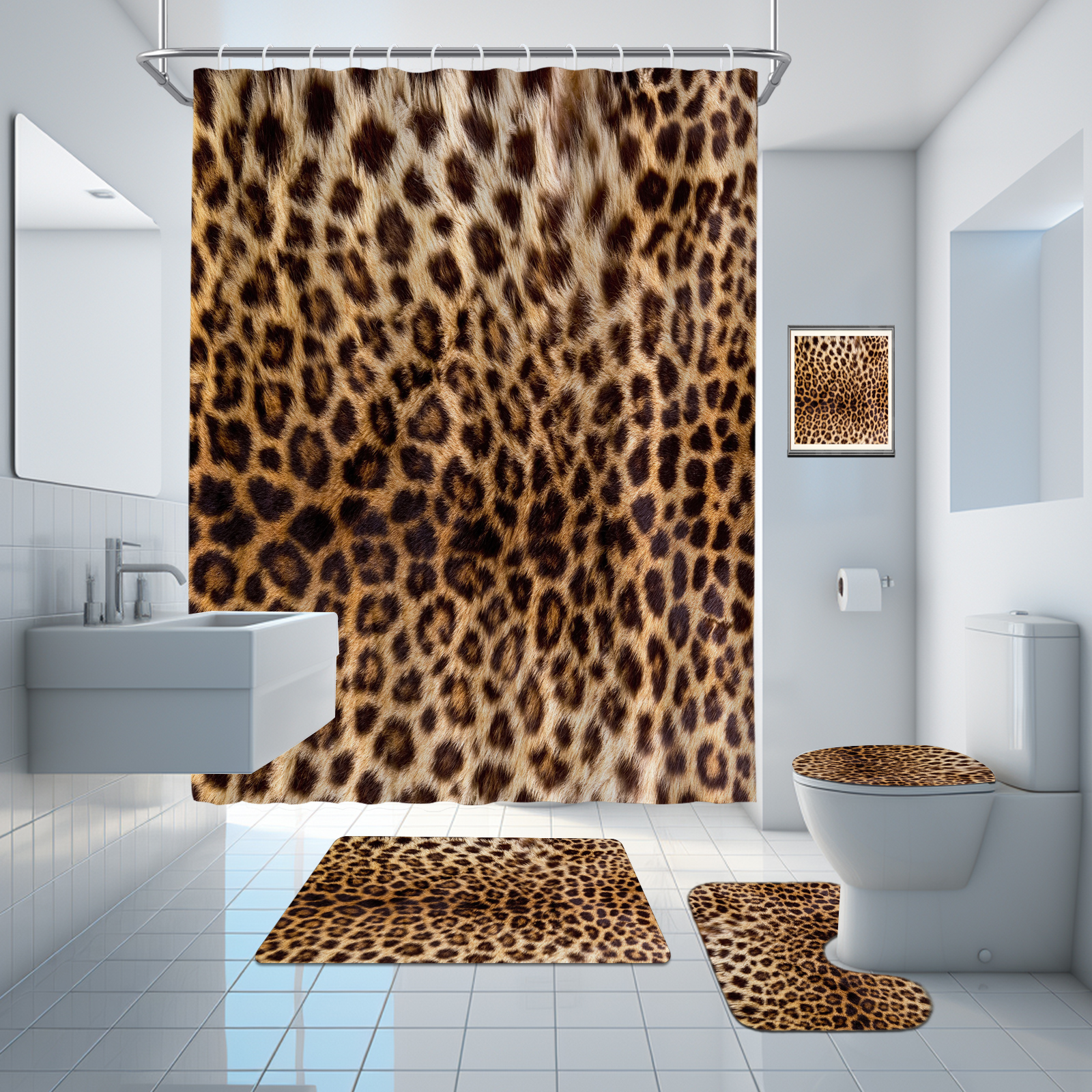 Hadint 4Pcs Brown Leopard Print Pattern Shower Curtain Set, Shower Curtain and Rug Set, 12 Pcs Hooks, 71inx71in