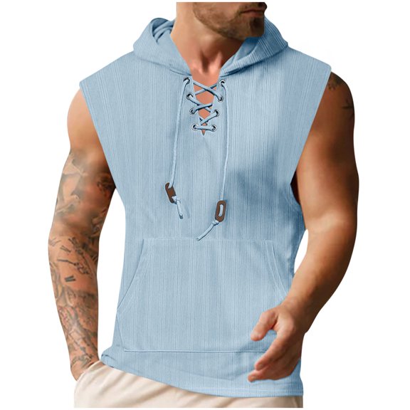 Kukoosong Men's Hooded Sleeveless Tank Top with Pocket and Tie Detail, Summer Casual Thin Polyester Solid Color Shirt Men Summer Muscle Tee Tank Tops