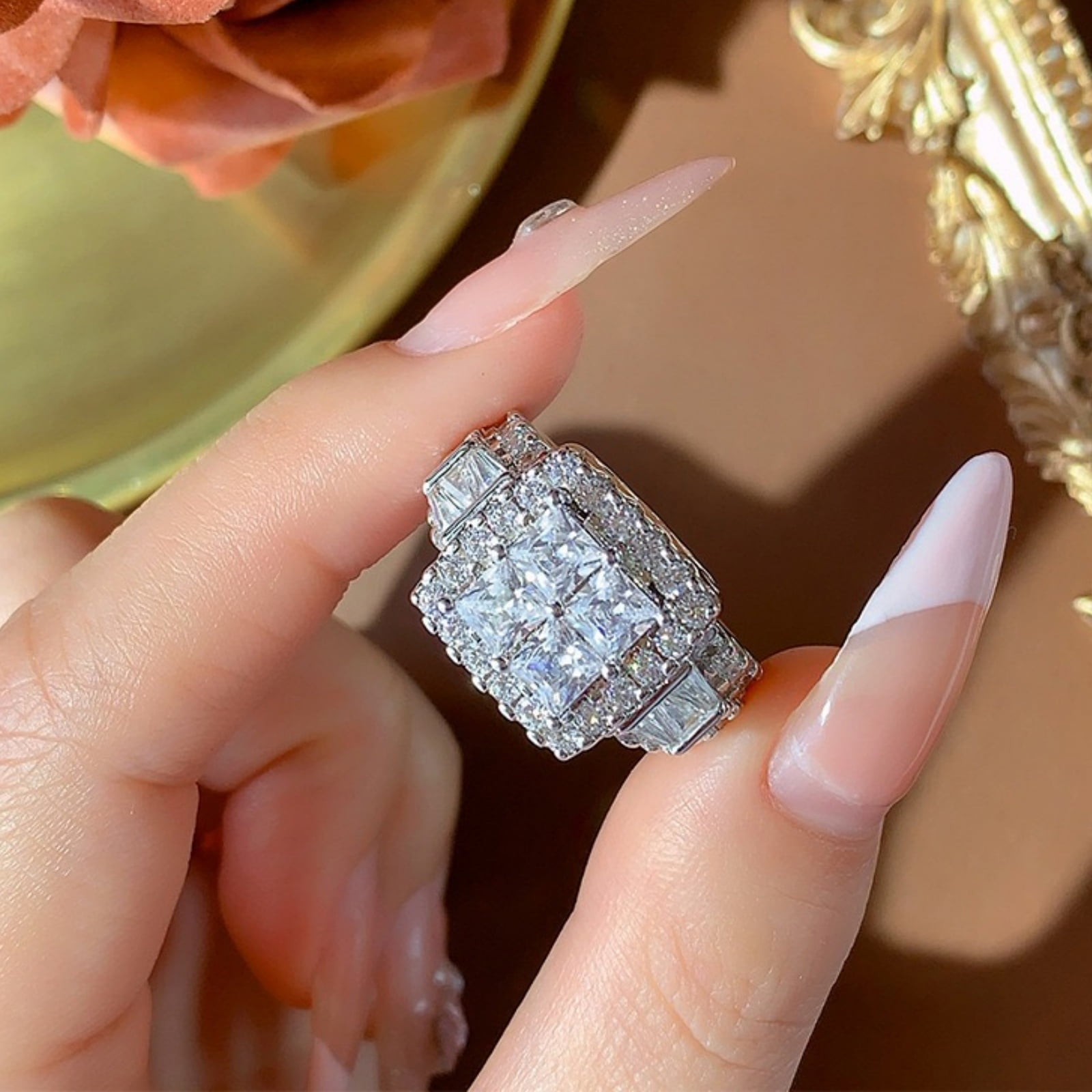 SFTING Rings for Women 18K Gold Plated Princess Cut Engagement Rings for Women 5A CZ Cross Size 6