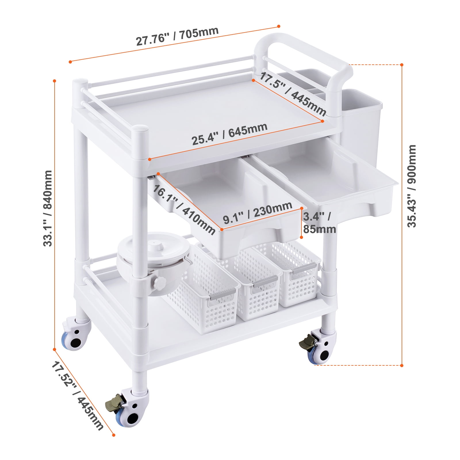 SKYSHALO Mobile Utility Cart, 2-Shelf Design with Dual Drawers & Quiet Casters, Durable PP Construction, Includes 3 Waste Bins, Ideal for Laboratories, Clinics, Hospitals & Salons, White
