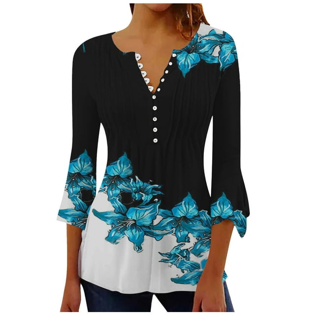 CEHVOM Women's Casual Trumpet 3/4 Sleeve Solid Buttoned Basic Ruched Corset Tunic Tops Pleated T-shirts Blouses Clearance