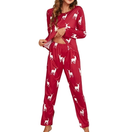 

Frontwalk Women Elk Print Pajamas Set Christmas Xmas Loungewear Sleepwear Nightwear Red XL