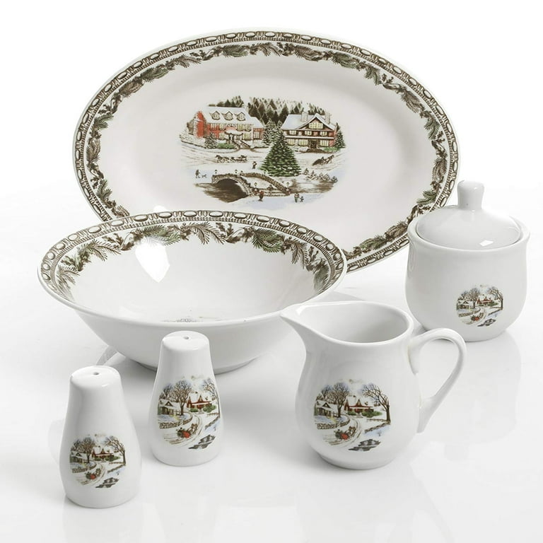 Free Shipping Gibson Home Christmas Toile 7 Piece Porcelain Serving Set in White Walmart