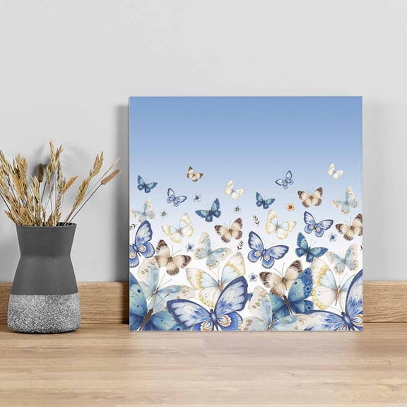 Blue Ombre Butterfly Wall Art Painting on Canvas, Pastoral Farmhouse Butterflies Canvas Art Home Prints Wall Art Framed Modern Artwork for Living Room Bedroom Wall Decor 8x8in