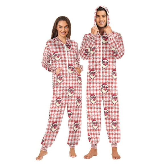 Adult Christmas Onesie Cute Father Christmas Checkered Background Pattern Zipper One-Piece Pajamas Unisex with Pockets