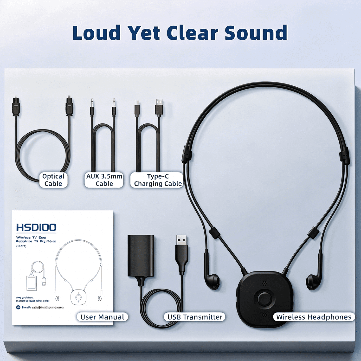 Wireless Earbuds for TV Watching, Neckband TV Headphones Wireless for Senior with USB Extension Cord Transmitter, Support Optical, 3.5 mm AUX, No Delay (black)
