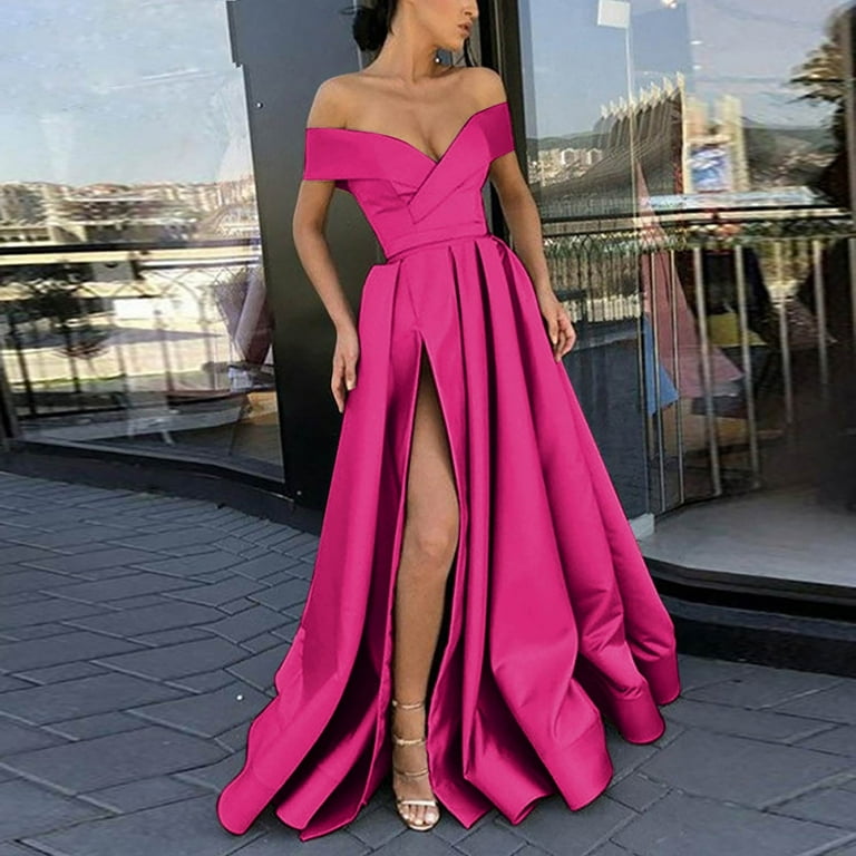 strapless open back dress A-Line Strapless Crew Neck Corset Satin Hot Pink Prom Dress PSK671 –  Pgmdress main image 1