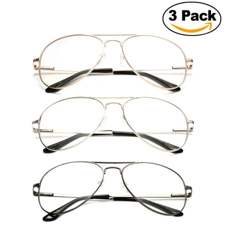 3 Pairs Newbee Fashion - Clear Aviator Fun Costume Eye Glasses Classic Vintage Fun Props Clear Lenses