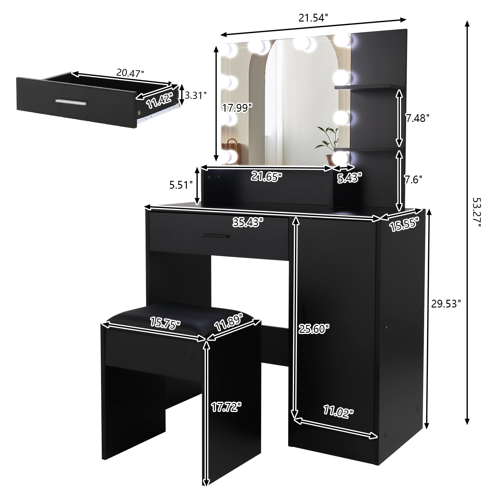 YYAo Farmhouse Vanity Desk Set, Makeup with Lighted Mirror and Stool, Dressing Table with Drawers and Storage Shelves for Bedroom, Black YYAo Farmhouse Vanity Desk Set, Makeup with Lighted Mirror and Stool, Dressing Table with Drawers and Storage Shelves for Bedroom, Black