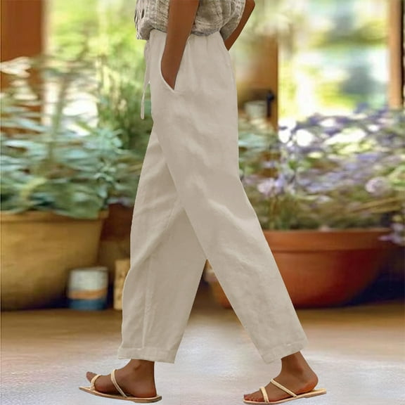BILIKEYU Women's Summer High-Waisted Cotton-Linen Wide-Leg Trousers, Women's Cotton-Linen Blend Trousers, Women's Elastic Waist Cotton-Linen Trousers