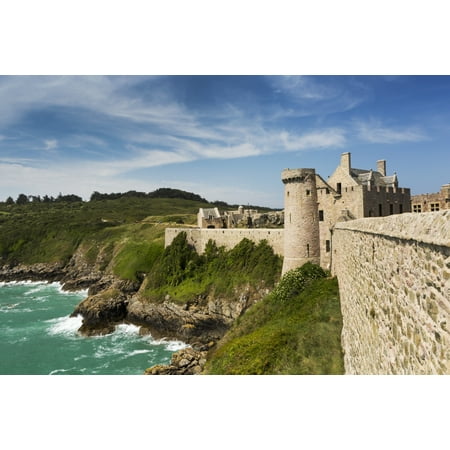 Old stone walled fort on hillside with turret on rocky shoreline along the sea with blue sky and clouds Plevenon Brittany France Stretched Canvas - Michael Interisano  Design Pics (19 x (Best Rocket Stove Design)