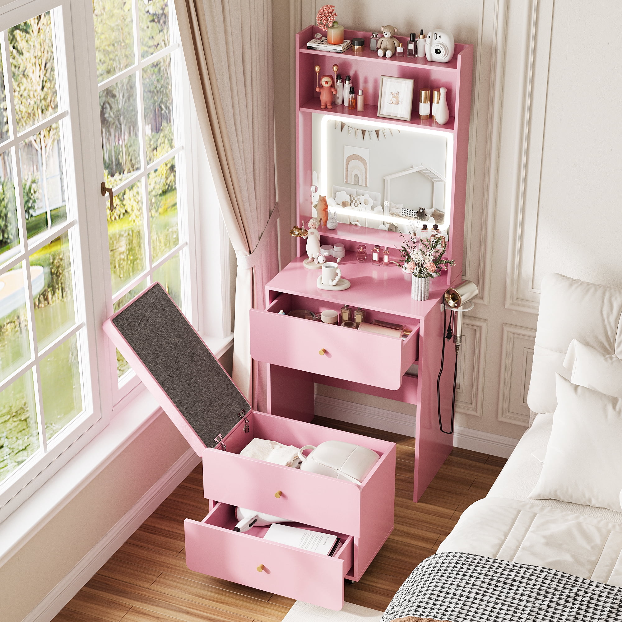 VEANERWOOD Pink Vanity Desk Set for Small Spaces, 23.62” Small Makeup Vanity Table with Rolling Stool, Lighting Mirror & Charging Station for Girls