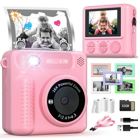 Kids Camera Instant Print, 12MP 1080P HD 32GB Digital Camera Print Photos Portable Toy for Kids Aged 3-8