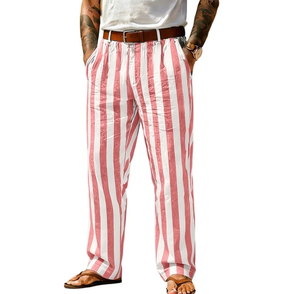 Uwinwear Men's Striped Pants Casual Color Block Straight-Legs Long Pants Summer Casual Loose Fit Trousers with Pockets,Pink,XL