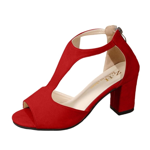 hoksml Women's T-Strap Block Heel Sandals, Open Toe Back Zipper Dress Shoes, Black Beige Red