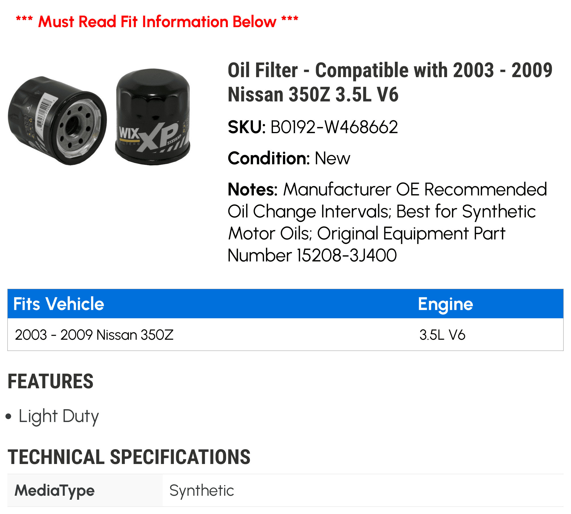 Oil Filter - Compatible with 2003 - 2009 Nissan 350Z 3.5L V6 2004 2005 2006 2007 2008