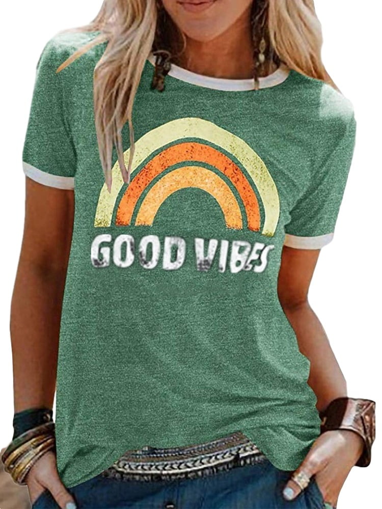 Sebuysun Good Vibes Rainbow Print Summer Short Sleeve Women T Shirt