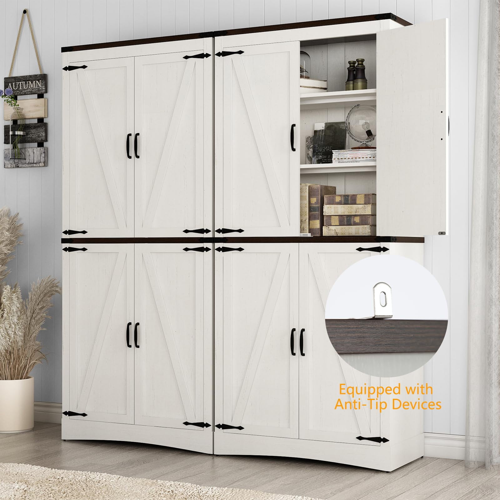 71" Tall Farmhouse Kitchen Pantry Cabinet, 5 Layers Storage Cabinet with Adjustable Shelves, Farmhouse Pantry Cabinet with 4 Barn Doors for Kitchen, Dining Room, Bathroom, Living Room, Rustic White
