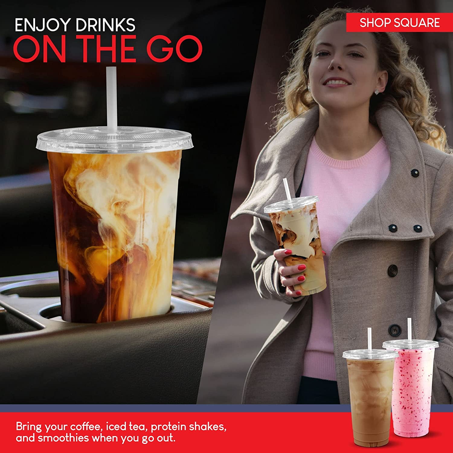 32 oz Plastic Cups with Lids, 50 Pack - Disposable Iced Coffee Cups, Milkshake Cups, Boba, and Smoothies