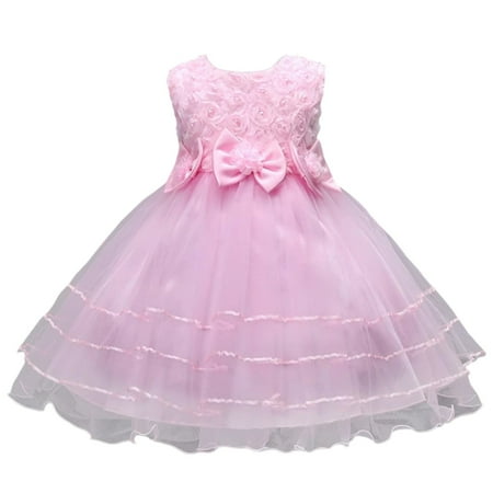REDARER Girls Fuchsia Tulle Dress Sleeveless Floral Applique Bow Detail Tiered Party Formal Dress 3-4 Years