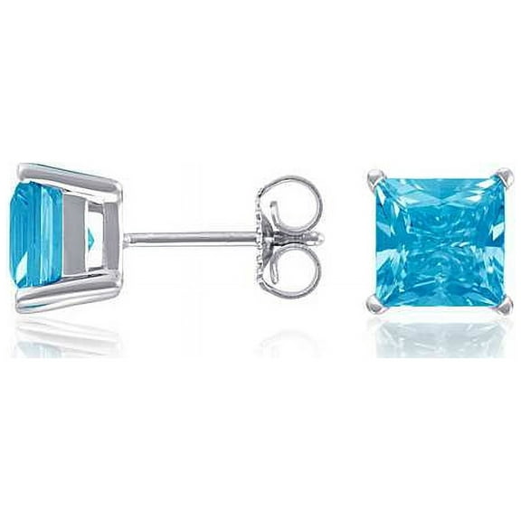 10k White Gold Plated 2 Carat Princess Cut Created Blue Topaz Sapphire Stud Earrings