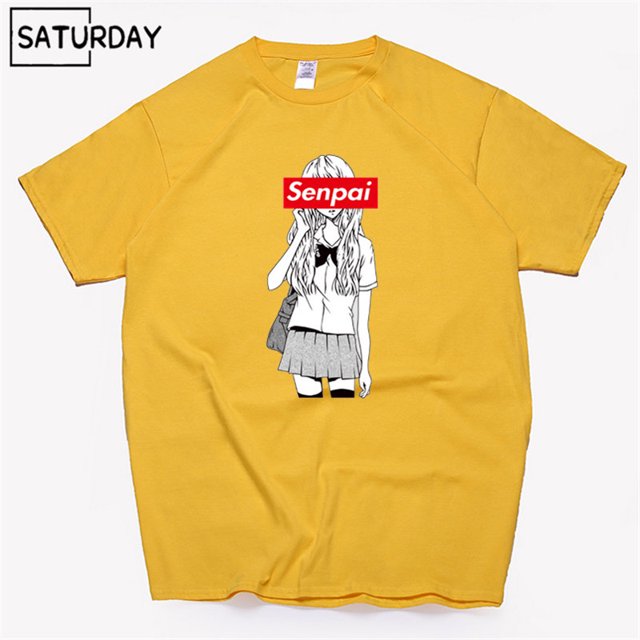 Camiseta de algodón con estampado negro de Senpai Anime Girl Nerdy para hombre, camiseta de manga corta para mujer, camiseta de algodón, ropa unisex Harajuku