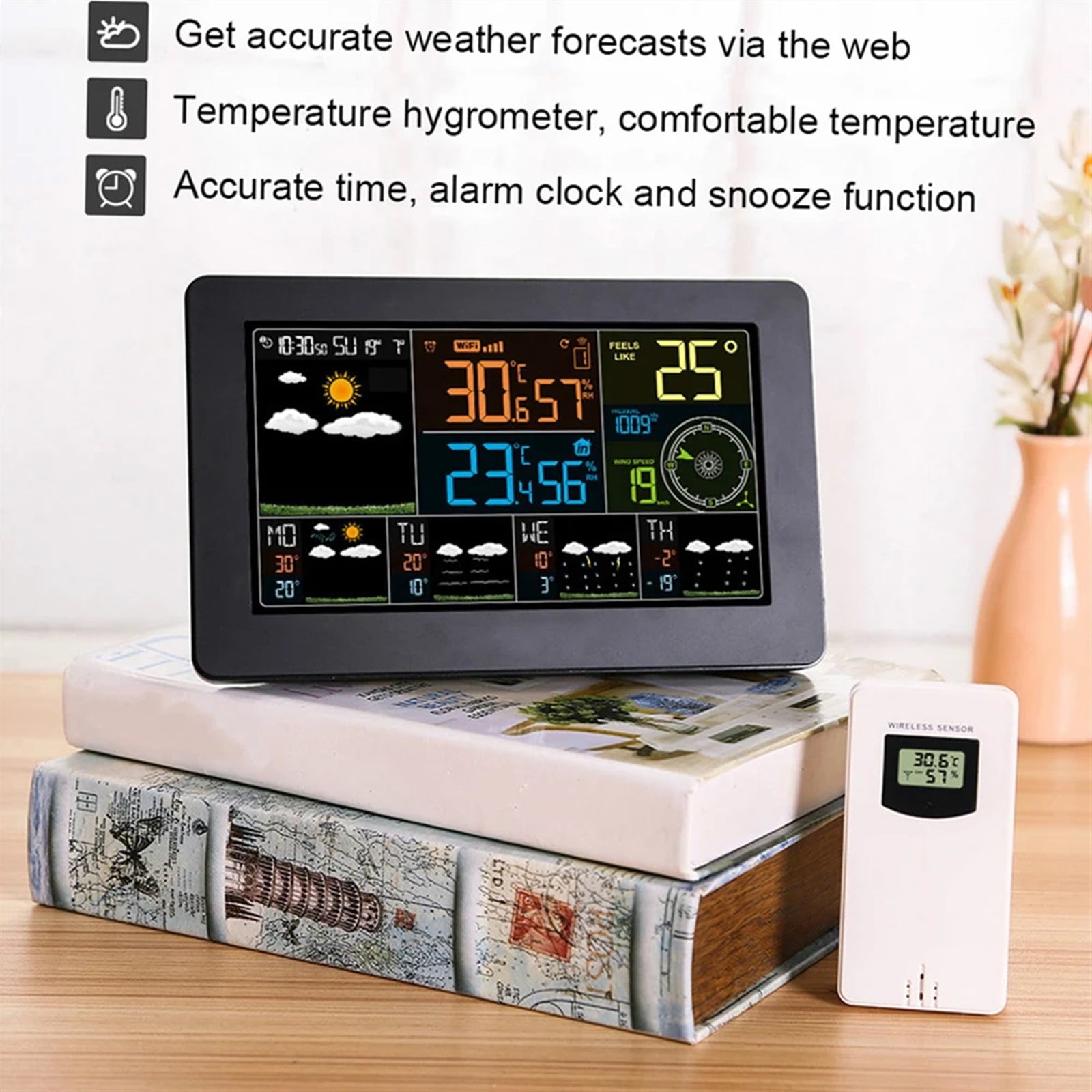 Smart Weather Station Indoor Outdoor Temperature Humidity Barometric Wind Speed Display APP Control Multifunctional Clock