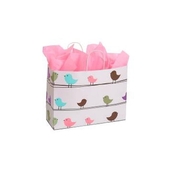SSWBasics Large Little Birdies Paper Shopping Bags - 16”L x 6”D x 12 ½”H - Case of